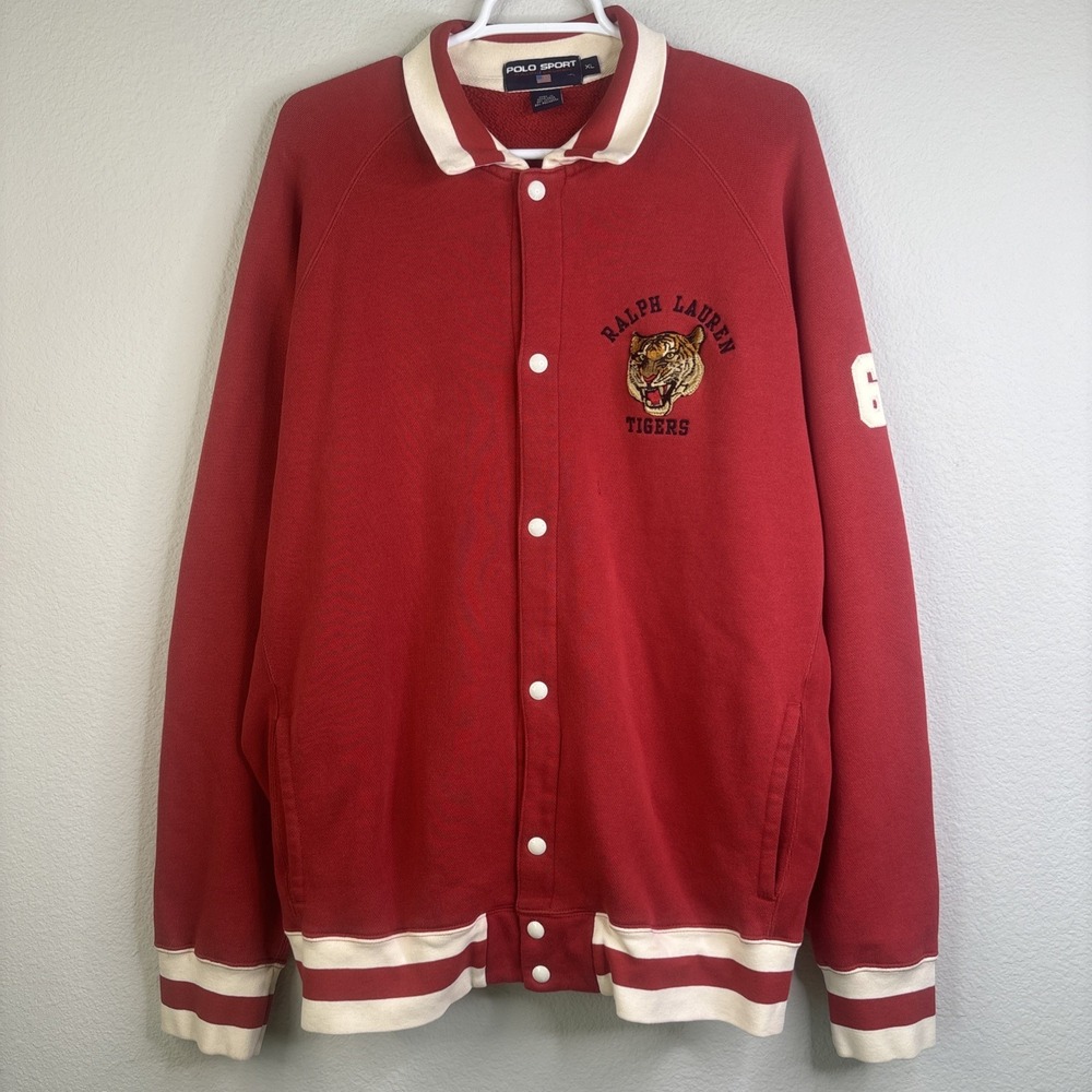 Polo Sport Ralph Lauren Tigers Varsity Jacket Embroidered Red vtg 90s Preppy XL